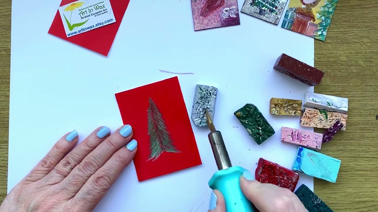 How to paint a Christmas tree in Encaustic Hot Wax by Miniature Artist Hazel Rayfield