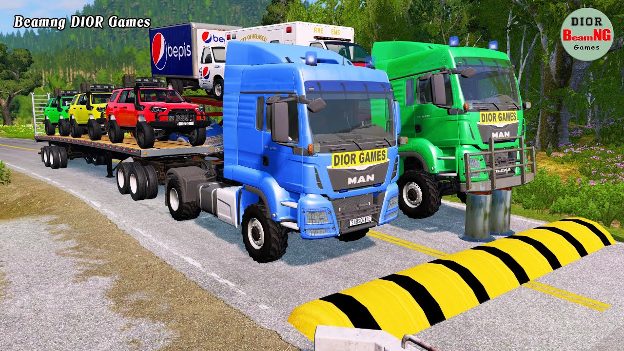 Double Flatbed Trailer Truck vs speed bumps|Busses vs speed bumps|Beamng Drive|408
