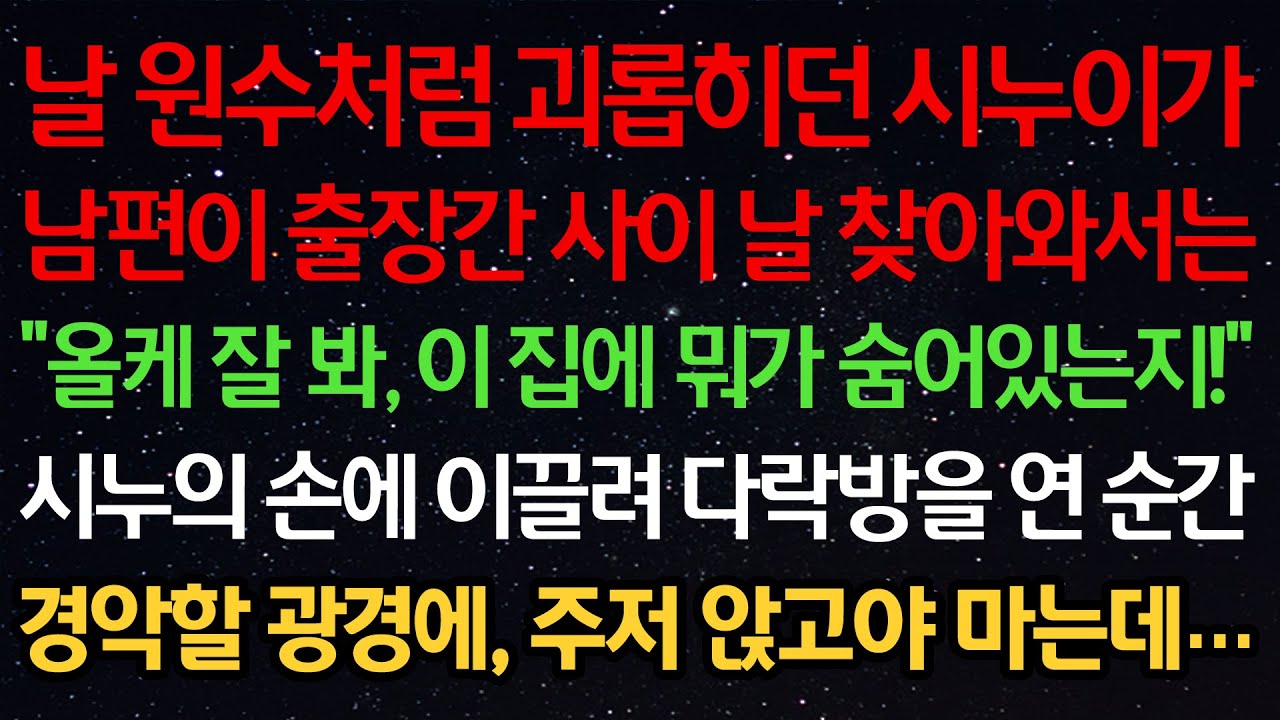 실화사연-날 원수처럼 괴롭히던 시누이가 남편이 출장간 사이 찾아와서는 “올케 잘 봐, 이 집에 뭐가 숨어있는지!” 시누의 손에 이끌려 다락방을 연 순간 경악할 광경에 주저 앉는데