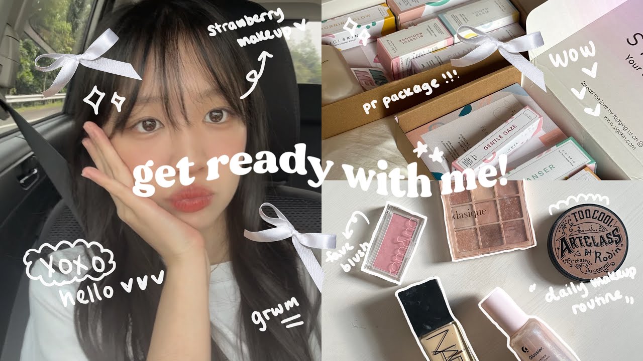 GET READY WITH ME 𐙚: daily makeup routine, skincare, pr unboxing, strawberry makeup🍓💌