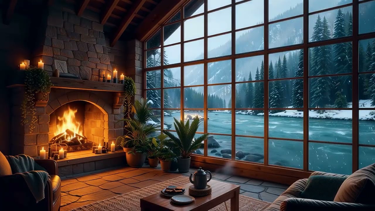 4K Cozy Fireplace Lounge & Winter River Sounds 💧 Deep Sleep Ambience 10 Hours Water Snow Fire Water