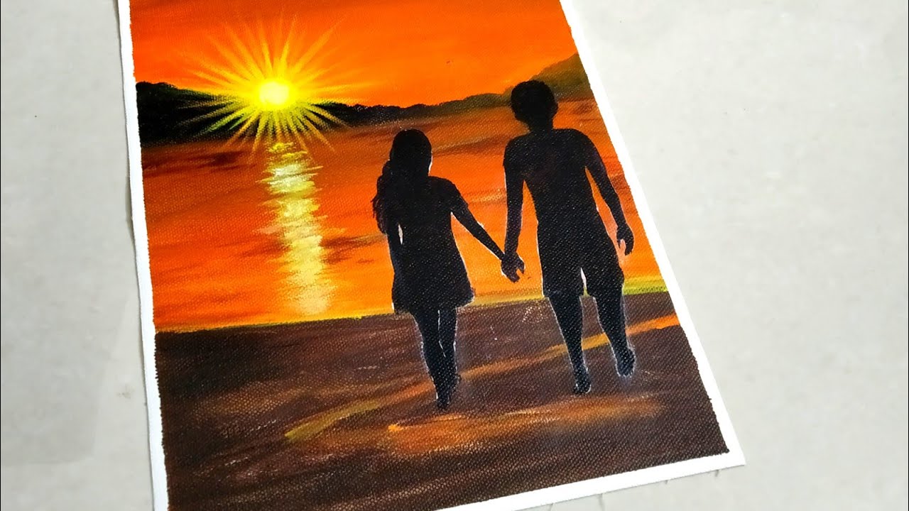 A Romantic couple on sea beach painting || Loving couple Sunset scenery painting ||