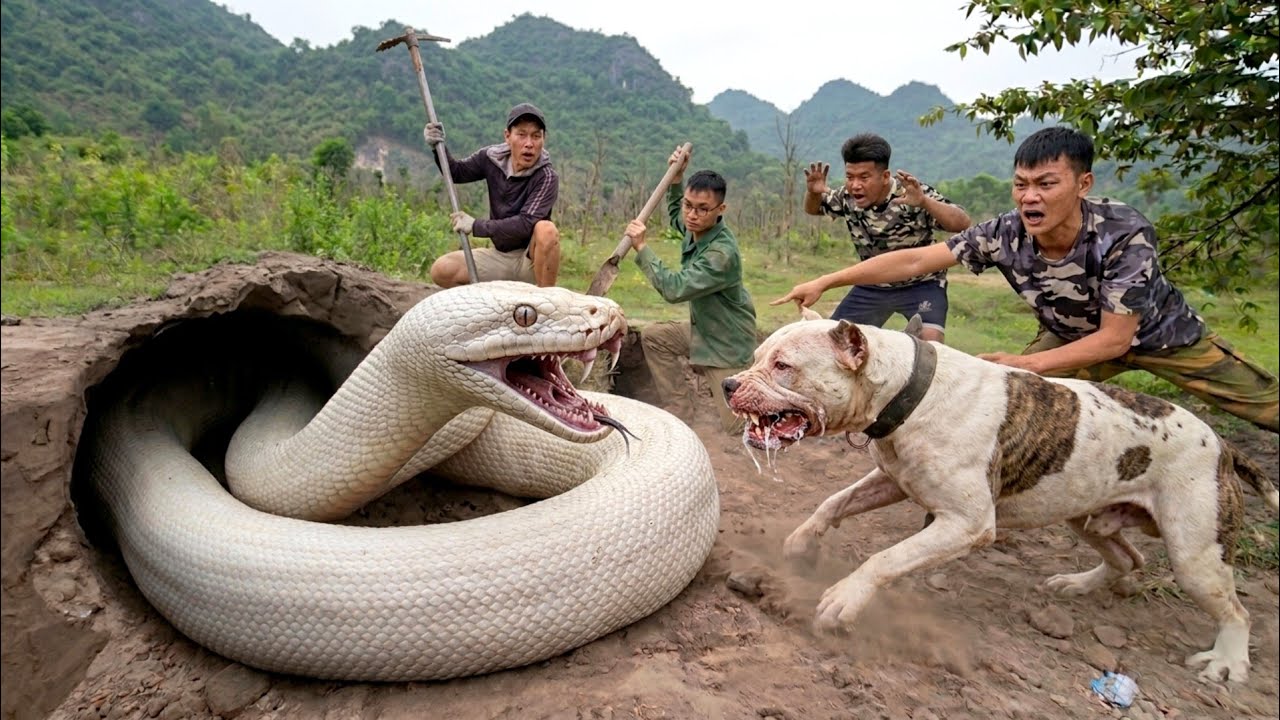 Brave Hunters and Pitbulls Dig a Burrow to Catch a Giant White Python