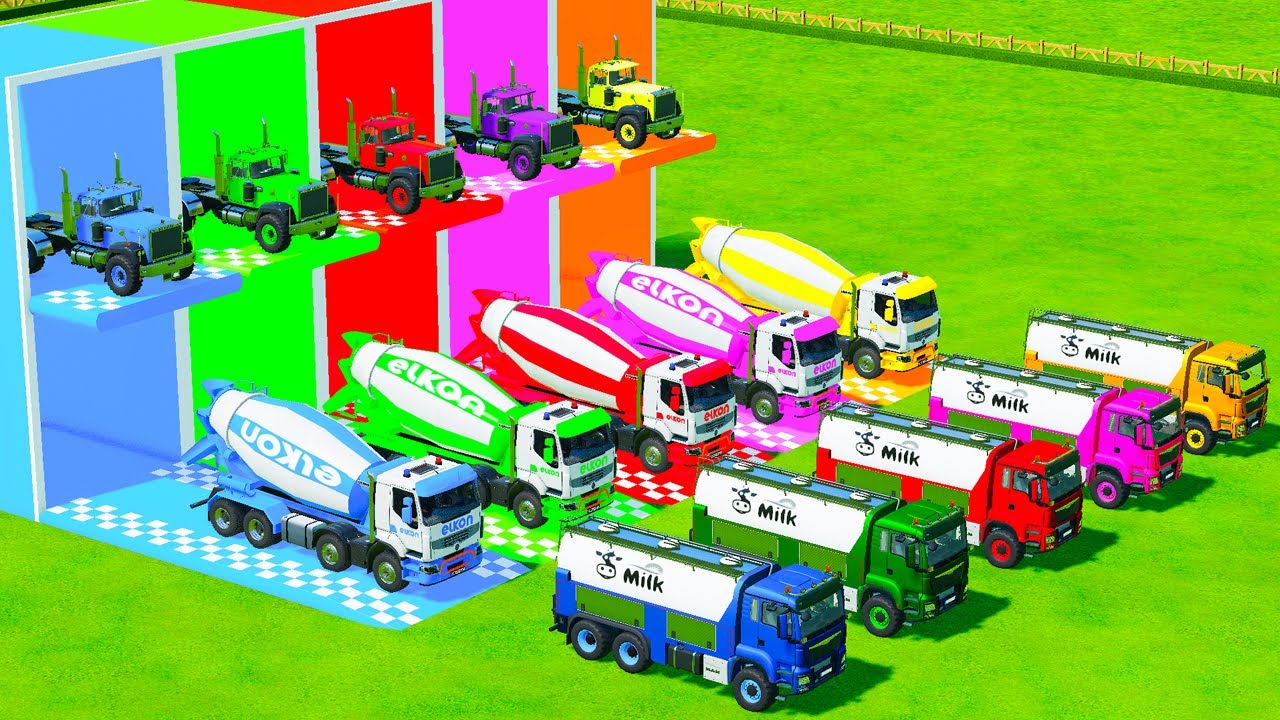 Garage with Colors - ALL MIXER TRUCK WITH DOUBLE FLATBED TRAILER TRUCK, DAF, KENWORTH, MAN - FS22