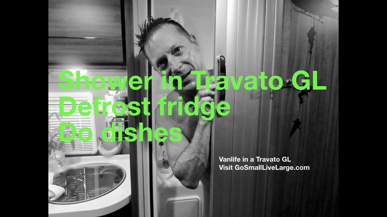 SHOWER in  TRAVATO  Class B RV. Defrost RV fridge. Do dishes. Beach sunrise  |  Vanlife in a Travato