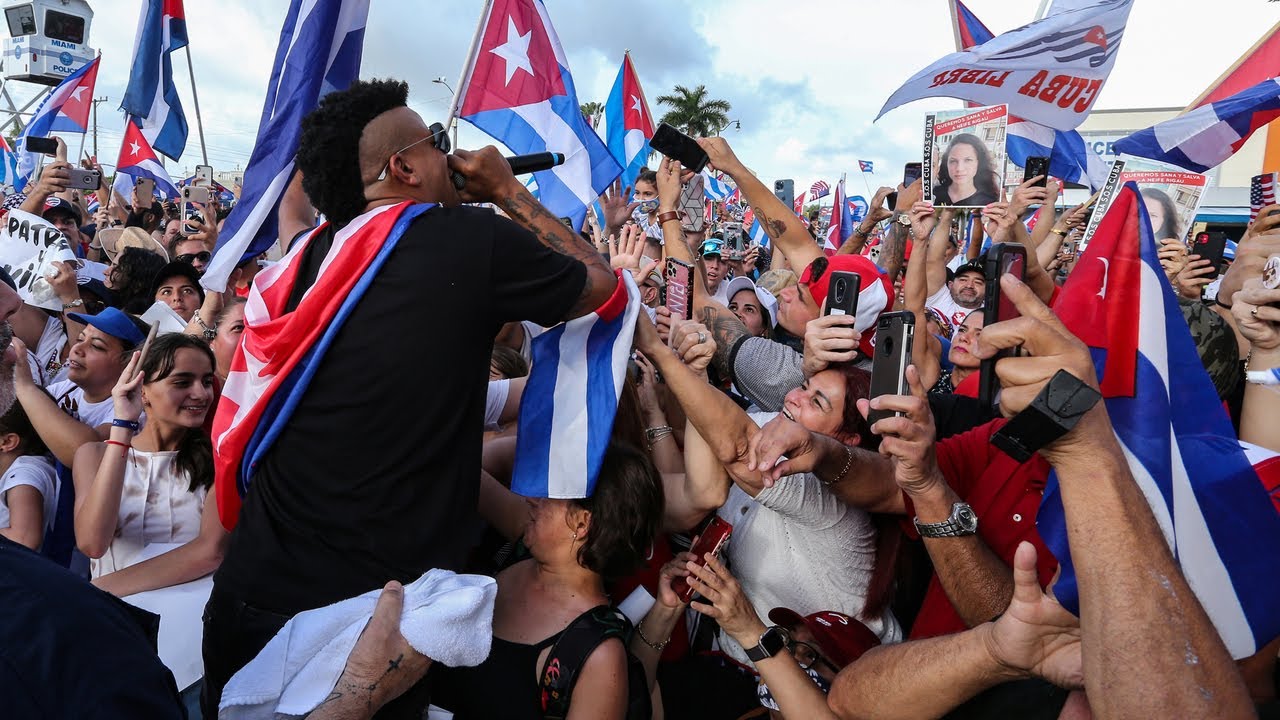 Gente de Zona perform 'Patria y Vida' at Cuba protest rally in Miami