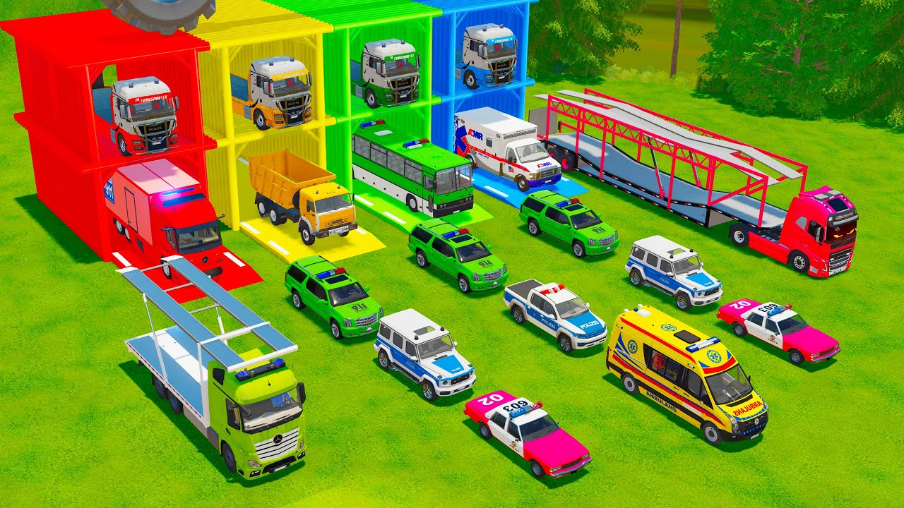 TRANSPORTING AMBULANCE, POLICE VEHICLES, CITY BUS, DUMP TRUCK TO GARAGE - FS22