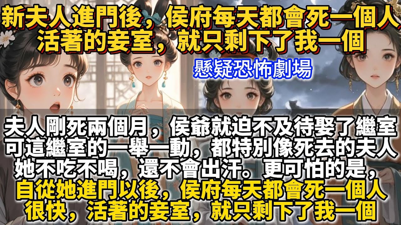 完結懸疑驚悚劇場：新夫人進門後，侯府每天都會死一個人，活著的妾室，就只剩下了我一個。夫人剛死兩個月。侯爺就迫不及待娶了繼室。可這繼室的一舉一動，都特別像死去的夫人。她不吃不喝，還不會出汗
