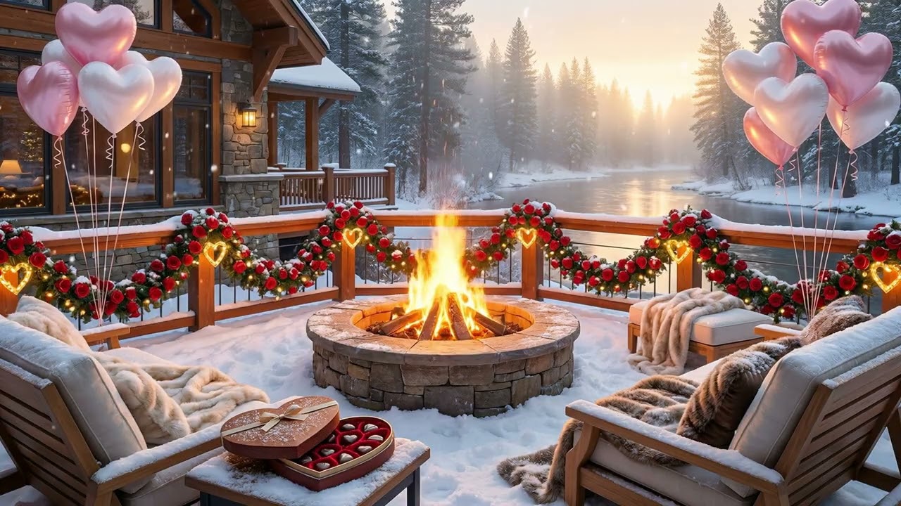 Snowy Luxury Cabin Veranda Ambience   Valentine's Winter Fire Pit By the River