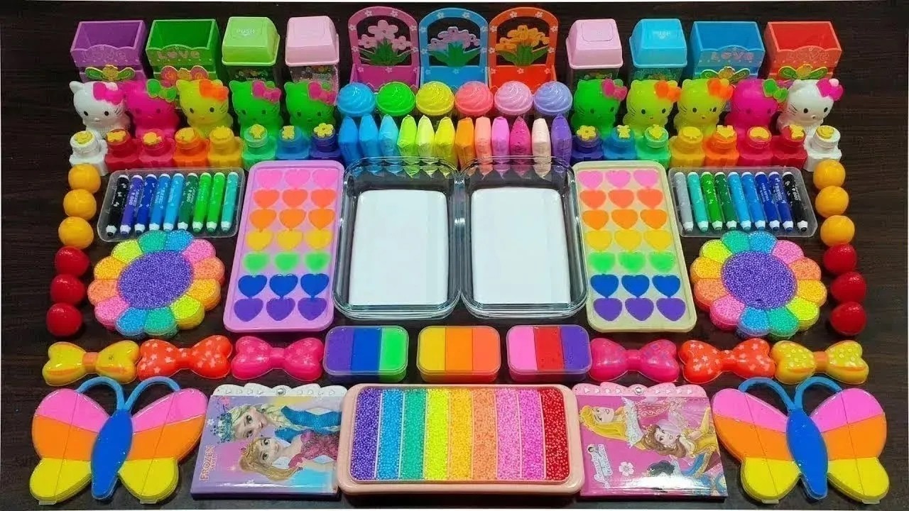 Rainbow foam ! Mixing random things into glossy slime ! Relaxing slime videos !!!