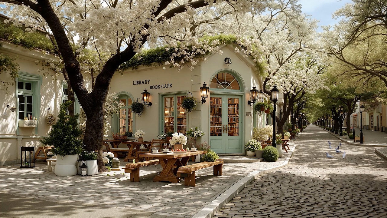 Cozy Springtime Outdoor Library Café Ambience | Gentle Jazz Playlist for a Happy & Positive Morning🌸