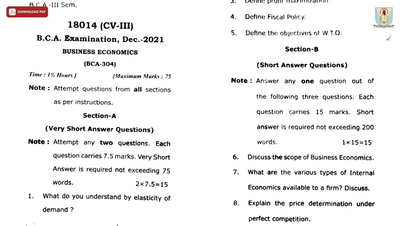 BCA 3RD SEM BUSINESS ECONOMICS CV DEC 2021 | CCSU