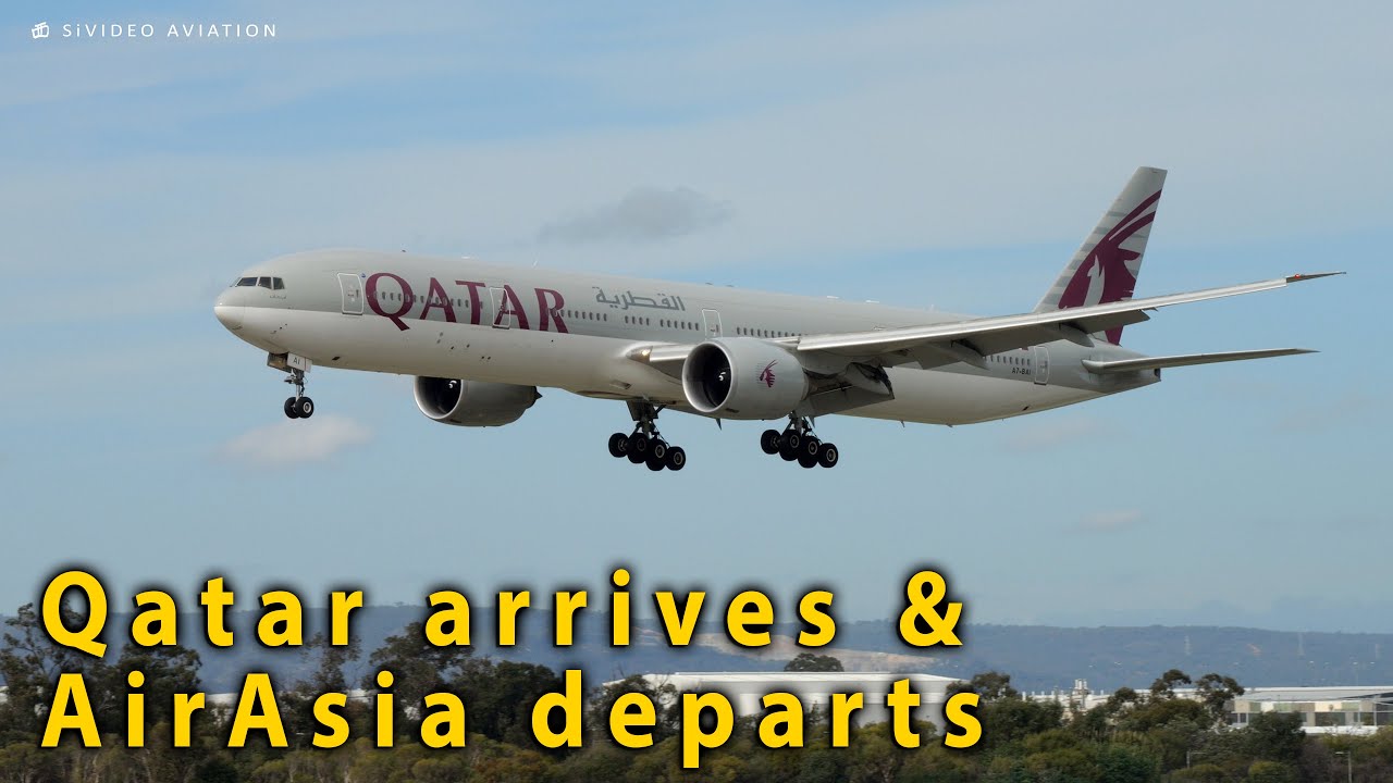 Qatar Airways (A7-BAI) arrives & AirAsia Indonesia (PK-AXE) departs RW03 at Perth Airport.