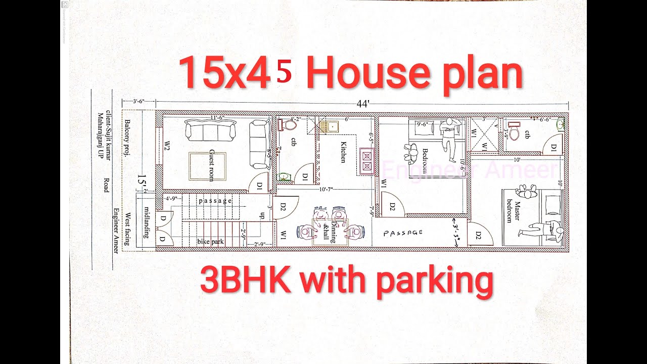 15x45 HOUSE PLAN 3BHK with parking II15x45 HOUSE DESIGN II 15X44 GHAR KA NAKSA II 15*44 घर का डिजाइन