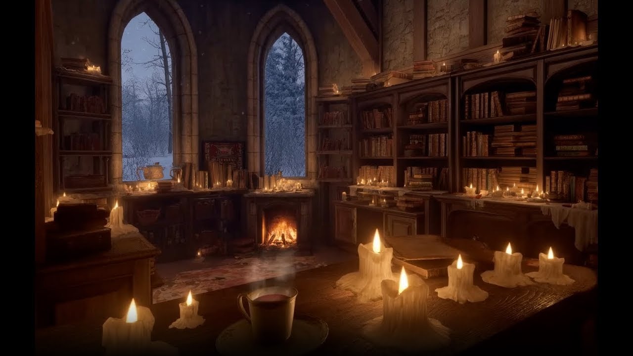 Cozy Winter Study Ambience 🕯️ ❄️ | Flickering Candles, Hearth Fire & Snowfall | 2 Hour Loop