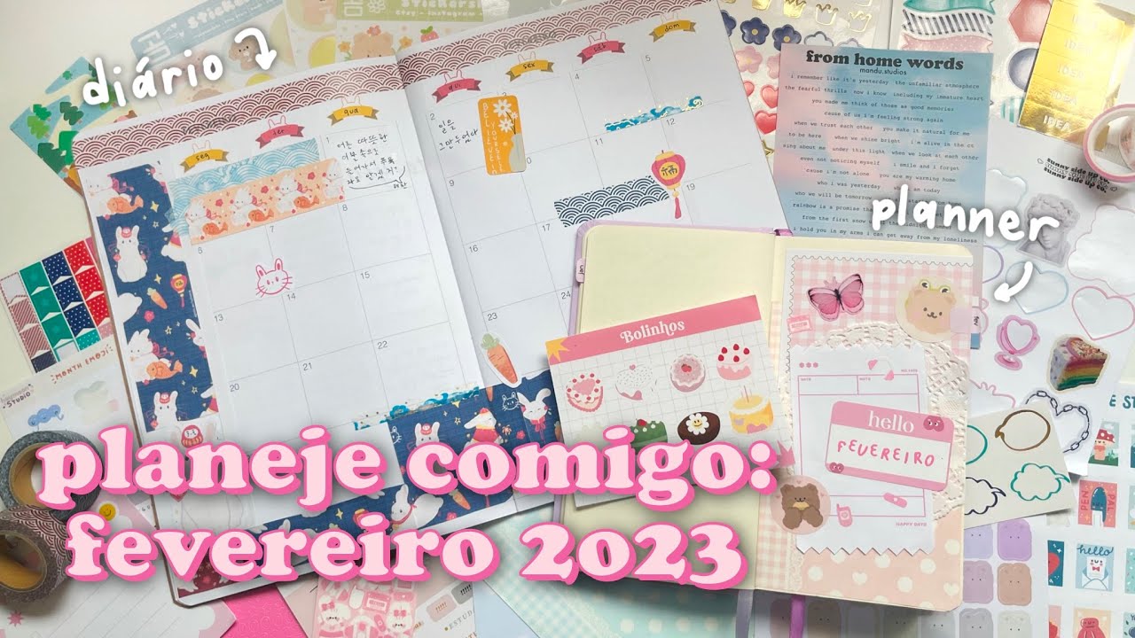 planeje comigo fevereiro 2023: decoração do planner com tema rosinha e diário coreano | daniela kang