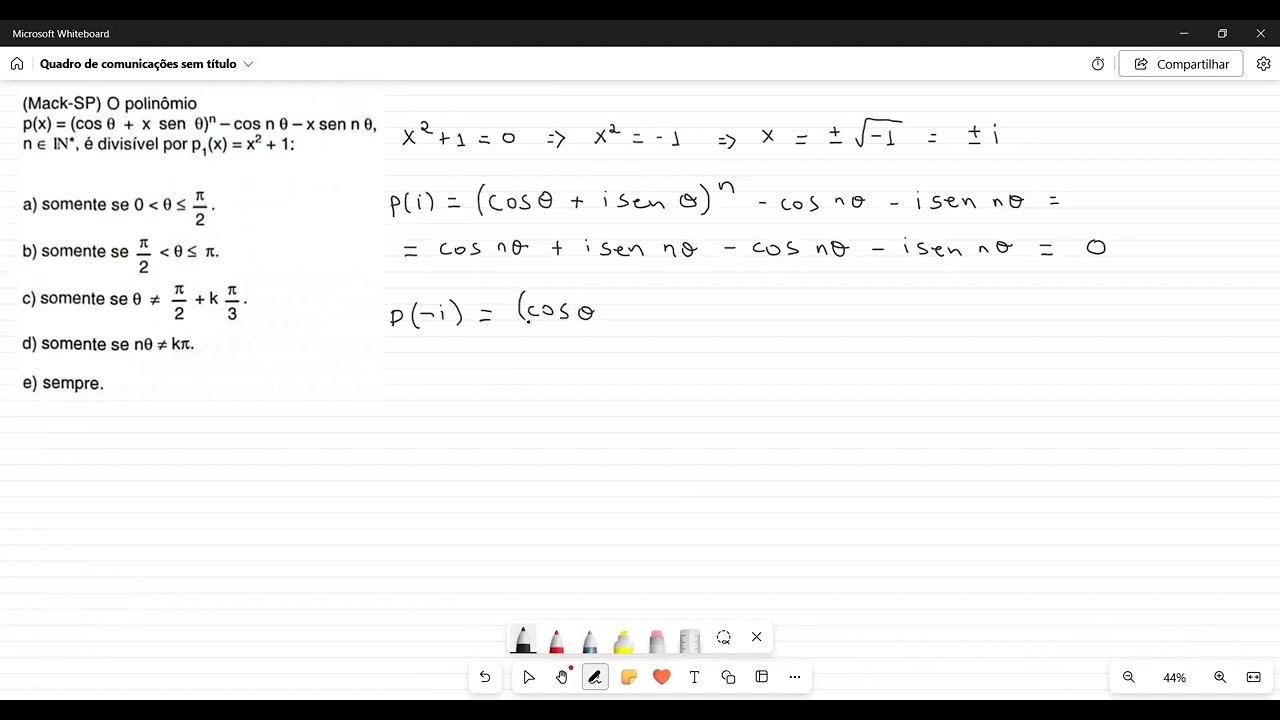 (Mack-SP) O polinômio p(x) = (cos θ + x sen θ)ⁿ - cos nθ - x sen nθ, n ∈ N*, é divisível por p₁(x)
