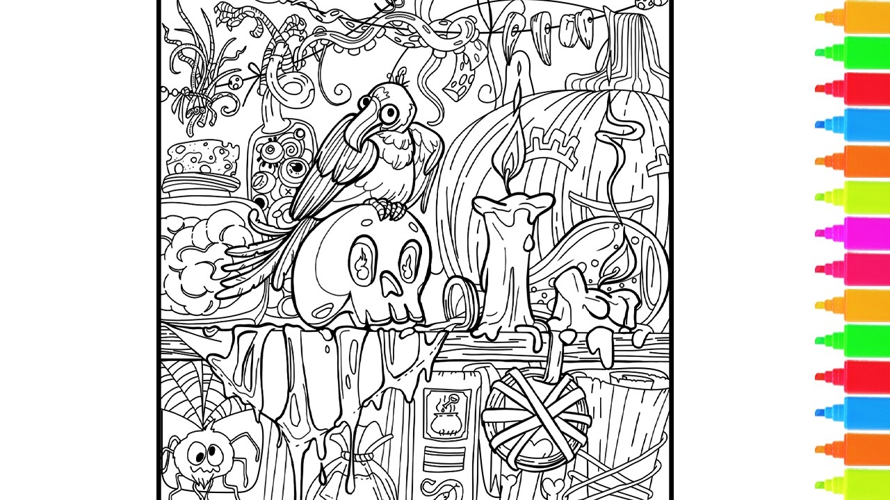 Coloring Raven, Skull, Pumpkins, The Witch and Candies | Halloween Coloring Book Pages