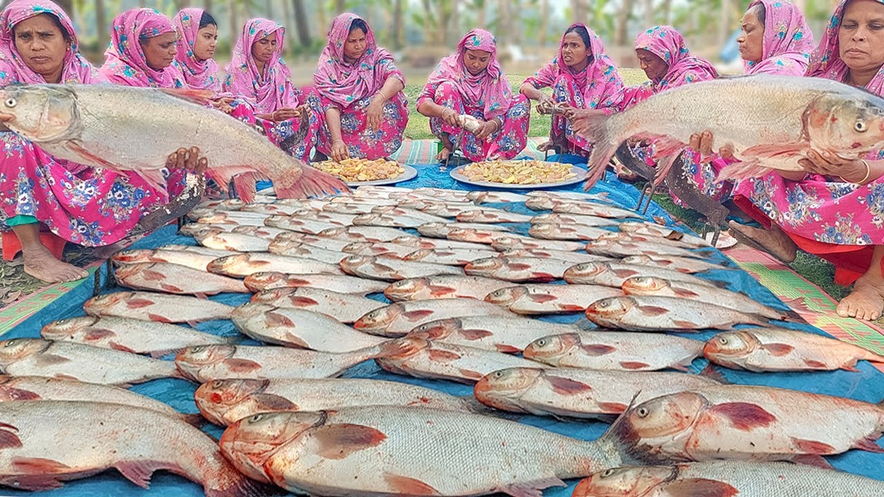 100 KG Carp Fish Catching, Cutting & Cooking in Village - Silver Carp Fish Curry Recipe of Ladies