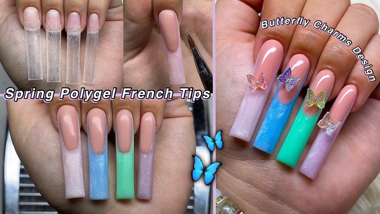 SPRING POLYGEL FRENCH TIPS🦋 SHIMMER POLYGEL & BUTTERFLY CHARMS DESIGN | Nail Tutorial
