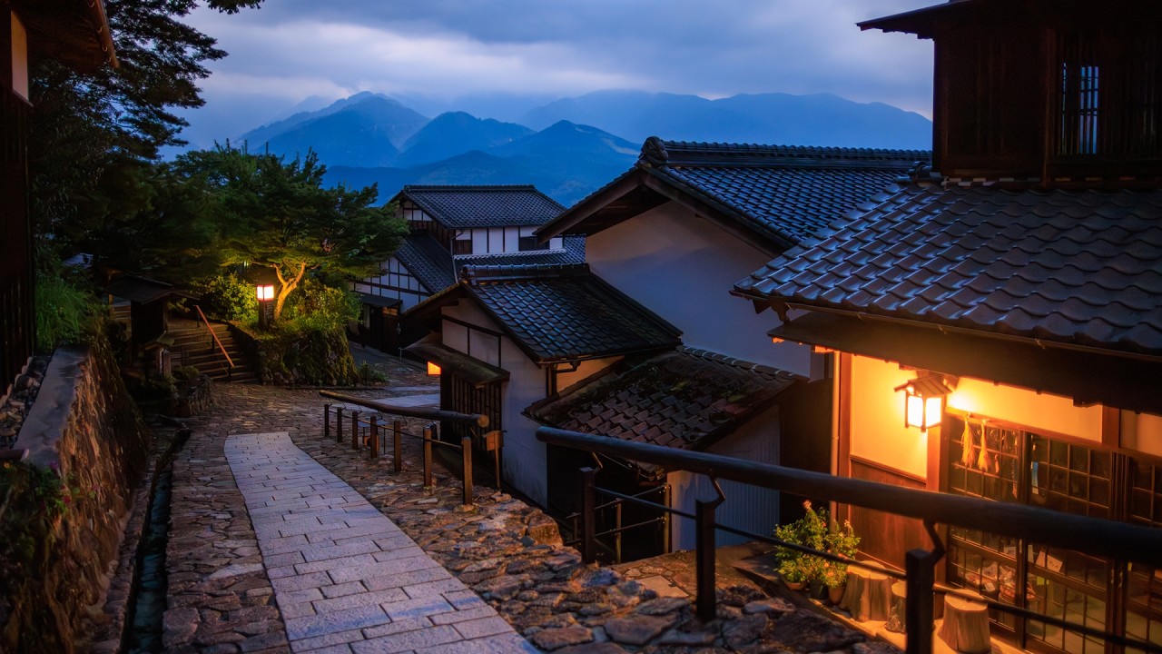 Walking Nakasendo Village through Glowing Sunset and Heavy Rain | Magome-juku, Japan 4K