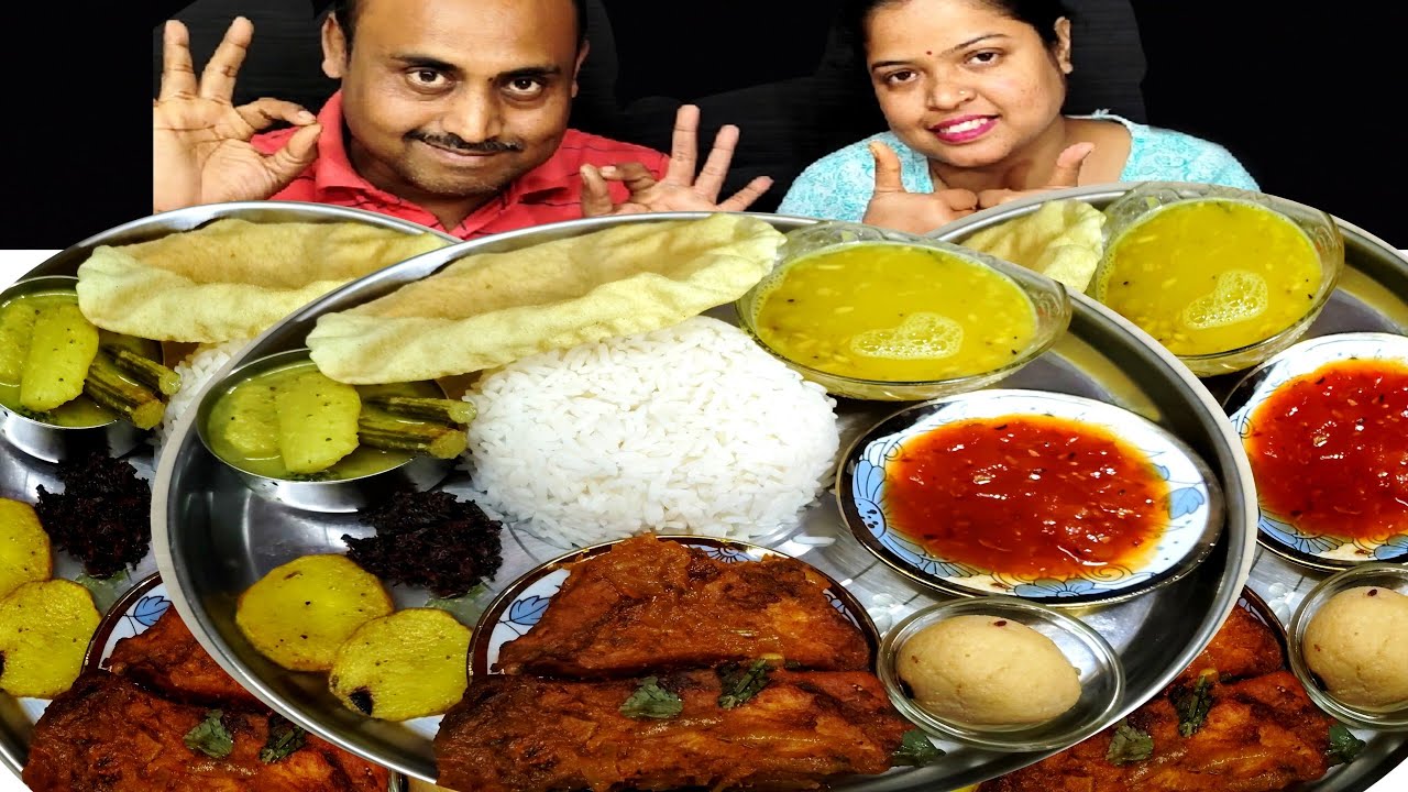 BENGALI THALI EATING CHALLENGE DAL KATLA FISH KALIYA SHOKTO POTATO FRY CHATNI PAPAD RASGULLA