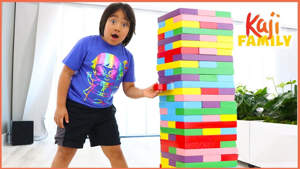 Ryan Pretend Play with Giant Jenga Color Blocks Toys!!!