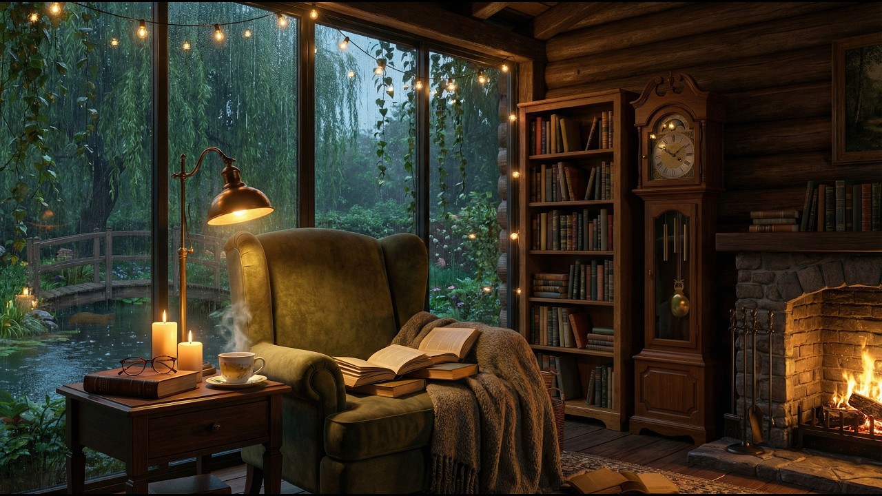 Rainy Garden View from a Cozy Reading Nook