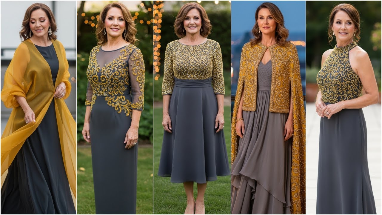 Charcoal Gray & Mustard Yellow Mother of the Bride Dresses: Styling Guide: Formal & Casual Weddings