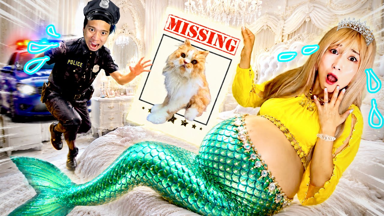 人魚のお腹がいたい〜！プリンセスの赤ちゃんが生まれる💙妊婦の人魚姫の赤ちゃんは猫⁉️警察と迷子の猫を探す旅in嬬恋村 Mermaids on youtube 実験道場