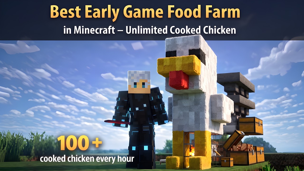 Лучшая ферма еды на ранней стадии игры в Minecraft – неограниченное количество приготовленной кур...