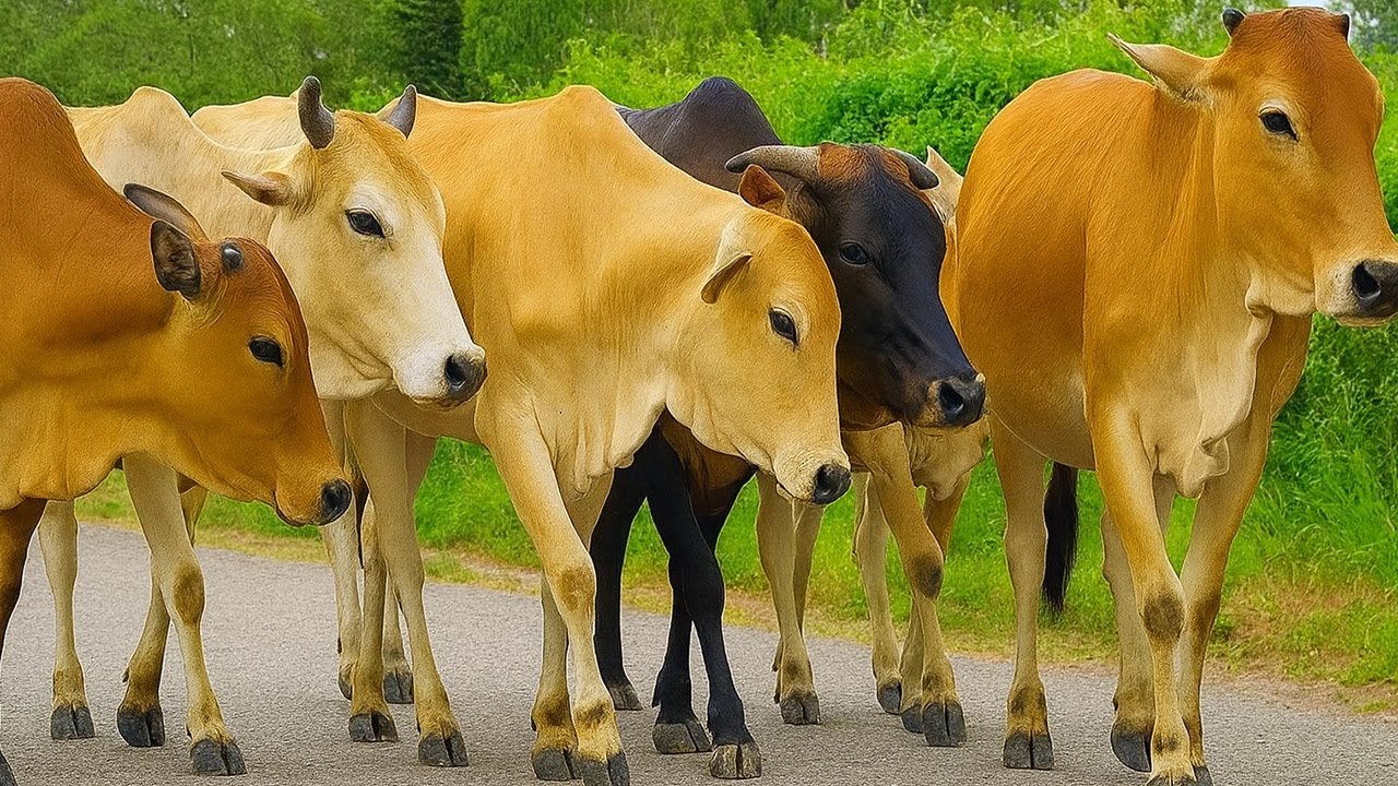Vidio Mengembala sapi-sapi jinak bergerombolan menyusuri jalan menuju sawah hijau luas,Suasana alam.