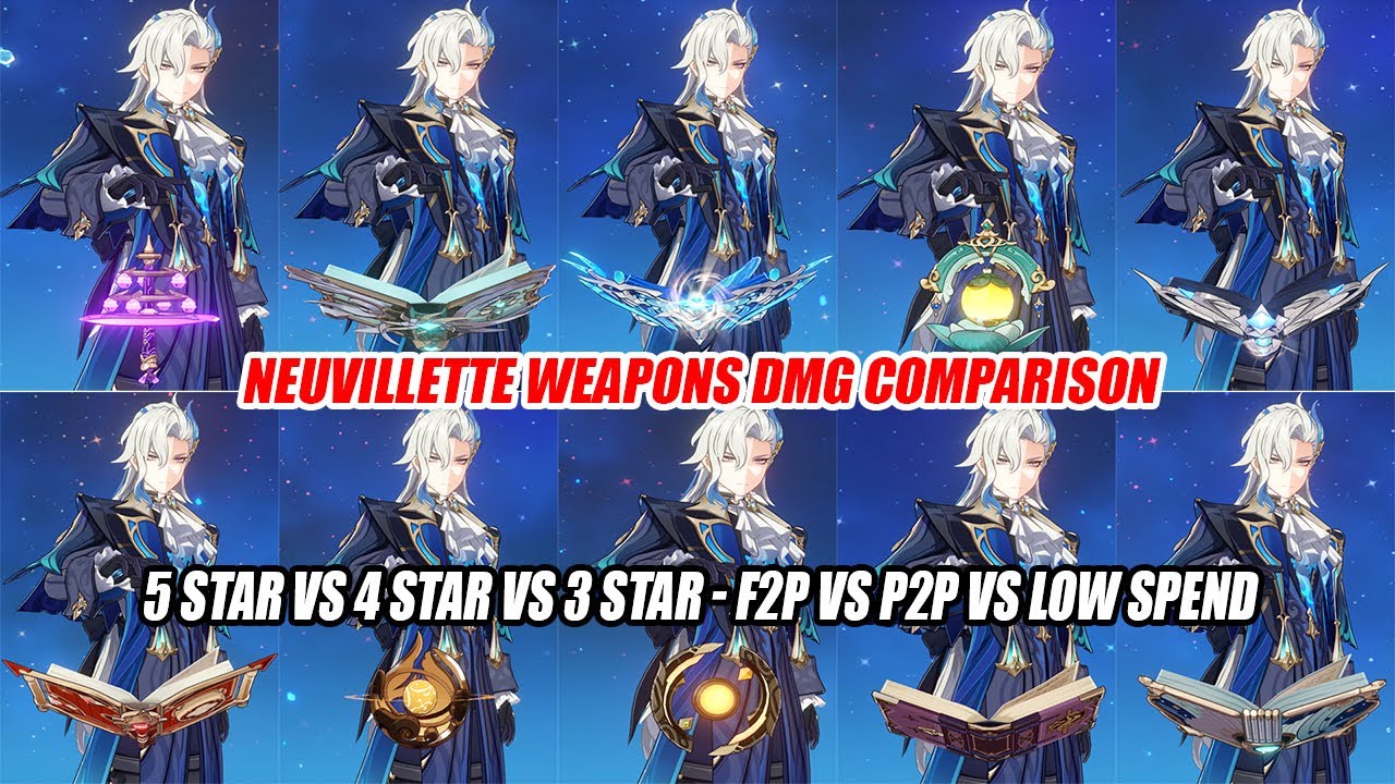 Neuvillette Weapons DMG Comparison : 5 Star vs 4 Star vs 3 Star - F2P vs P2P vs Low Spend