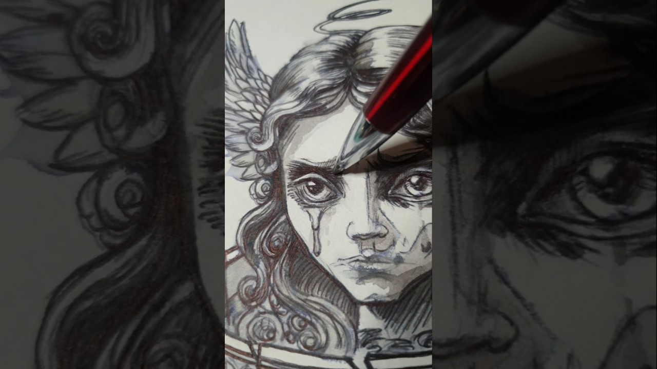 Inktober Day 26 - Puzzling & Angel Statue. Teacup theme #spookinktober #inktober #weepingangel