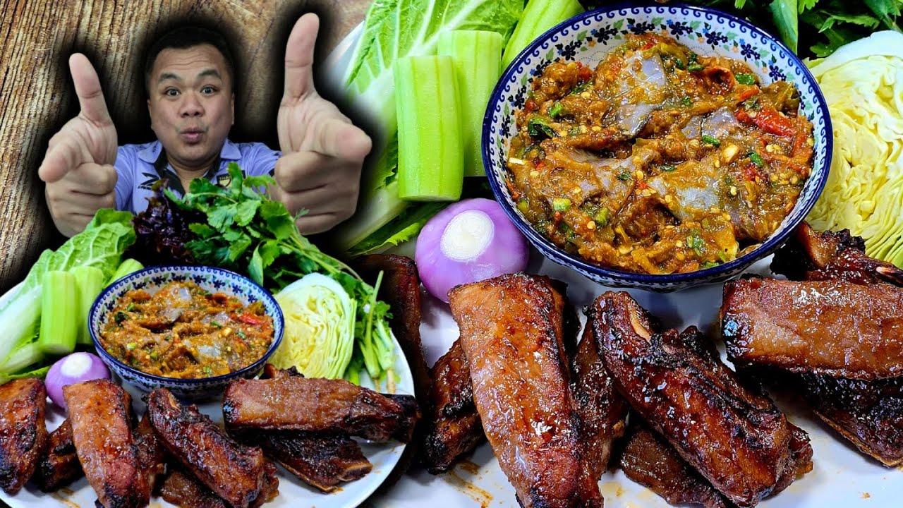 แจ่วพริกดิบแมงดาปลาร้าต้อน ซีกโครงหมูย่าง หอมแซ่บนัว