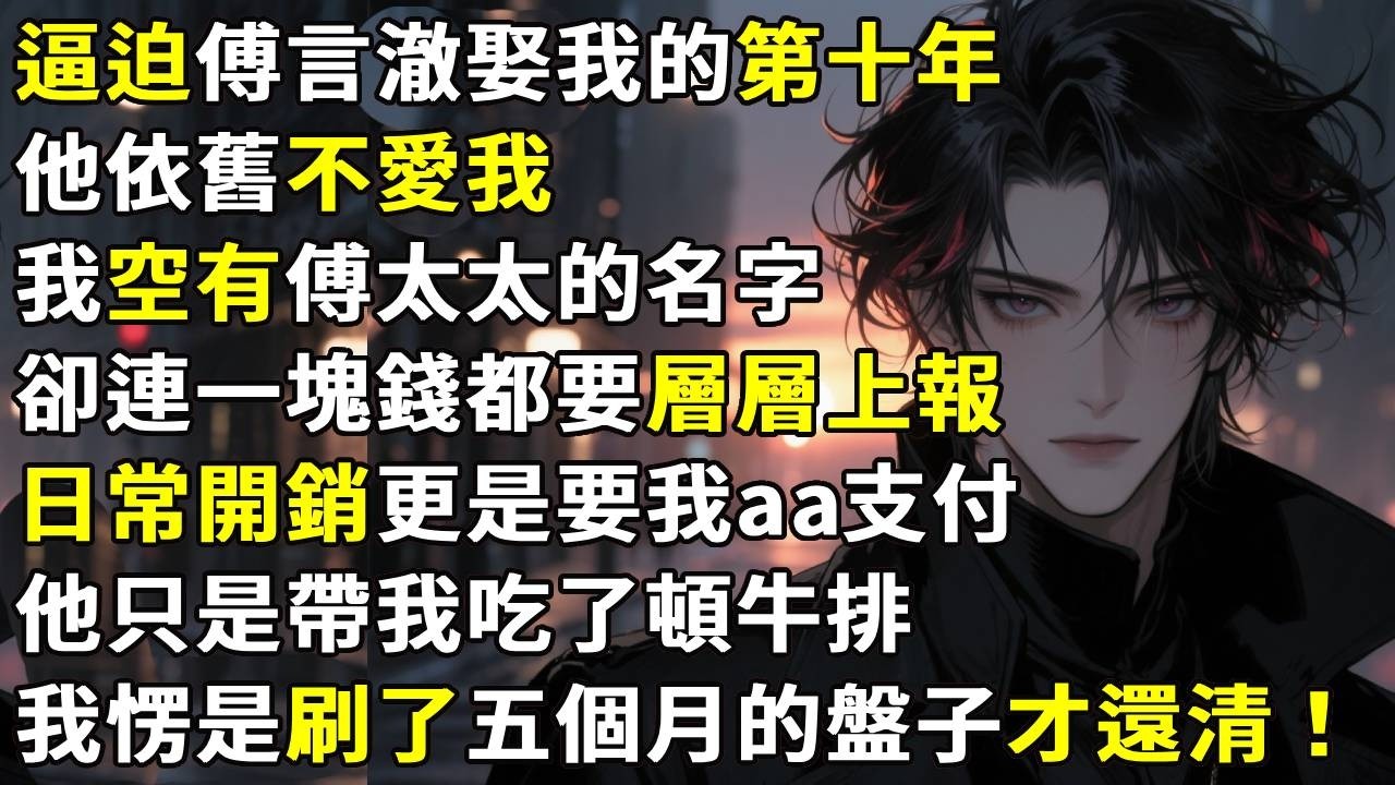 挾恩以報逼迫傅言澈娶我的第十年，他依舊不愛我。我空有傅太太的名字，卻連一塊錢都要層層上報，日常開銷更是要我aa支付。他只是帶我吃了頓牛排，我愣是刷了五個月的盤子才還清。#故事分享 #生活經驗 #情感