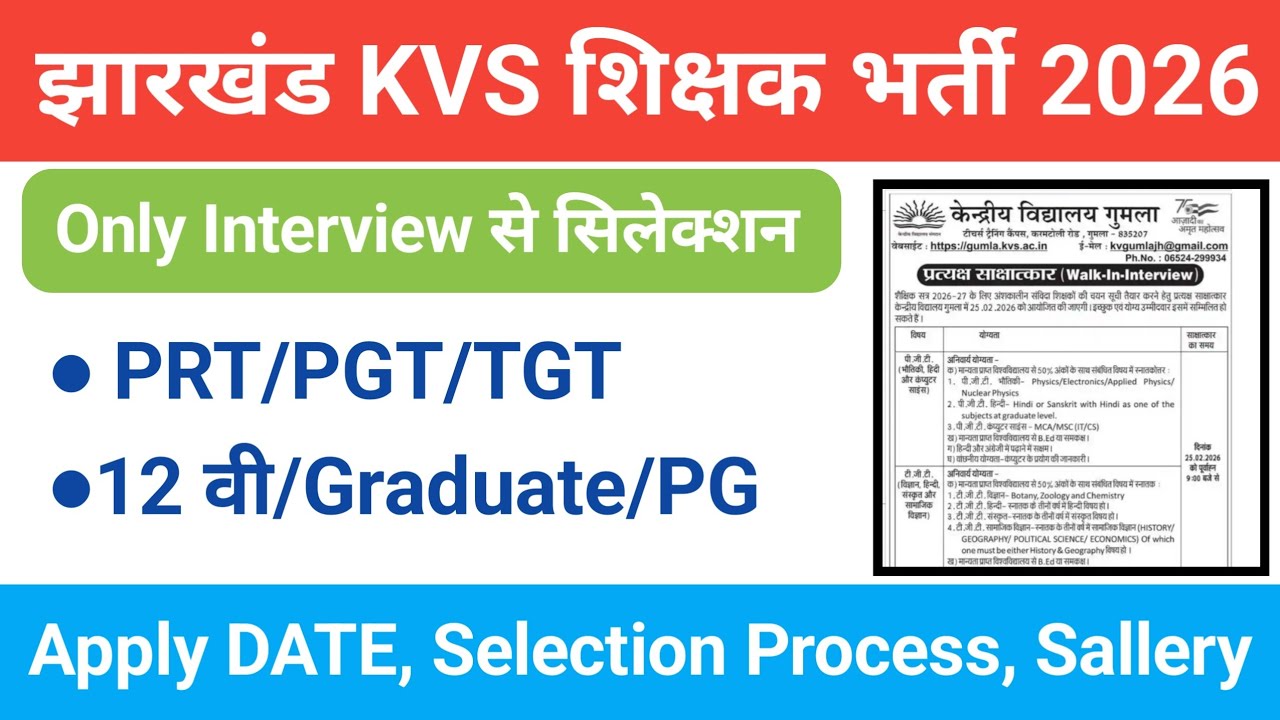 Jharkhand KVS Teacher Vacancy 2026 PRT, TGT,  PGT Post| teacher vacancy in Jharkhand 2026