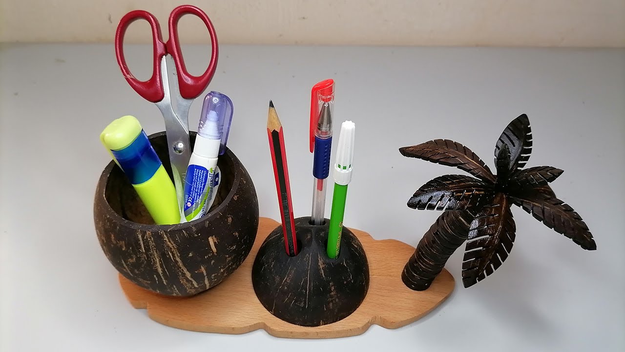 Coconut Shell Pen holder Hand Made Coconut tree Natural Handicraft Art Work DIY |DIY Desk Organizer