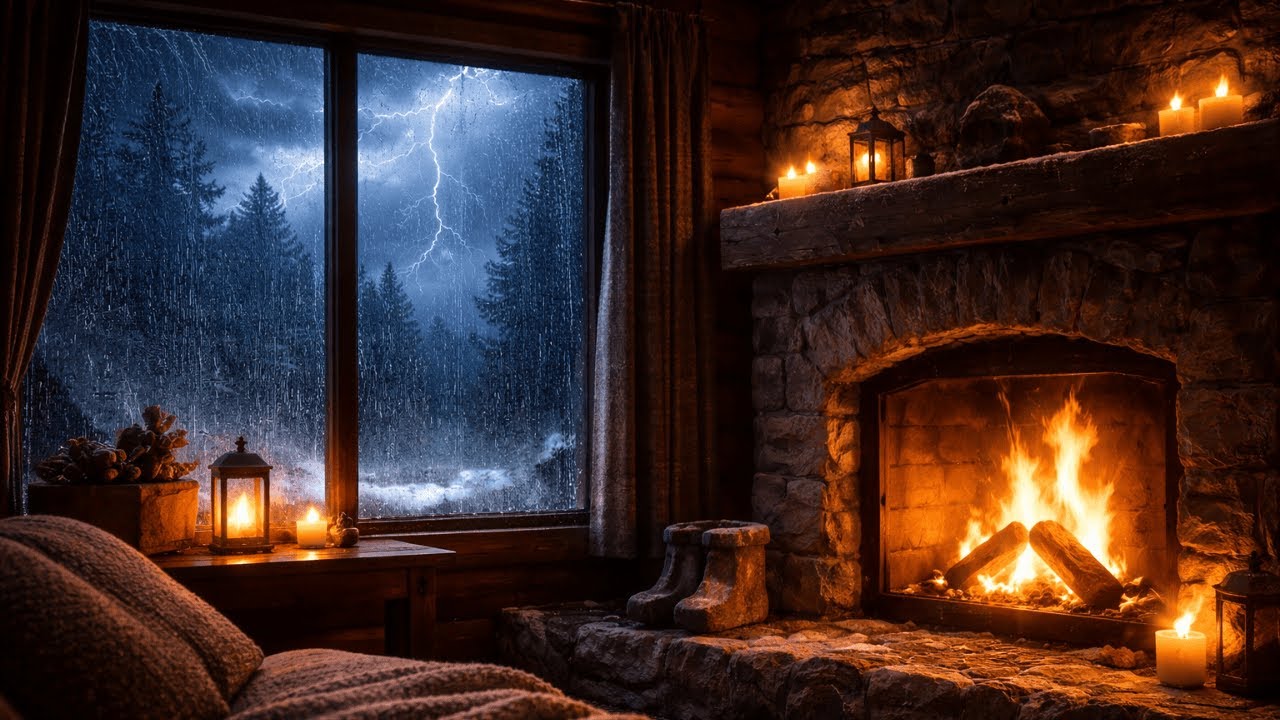 Heavy Rain & Thunderstorm Outside 🌧️🔥 Cozy Cabin Fireplace for Deep Sleep