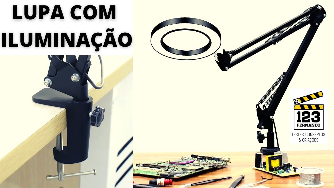 SUPER LUPA DE BANCADA ARTICULADA COM ILUMINAÇÃO LED NEWACALOX LENTE DE AUMENTO 5X USB LED de 3 cores