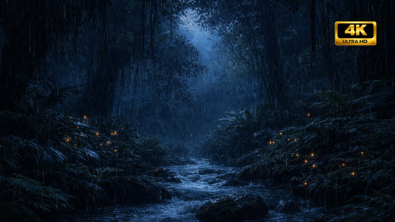 RAINFOREST NIGHT STORM | Moonlit Jungle River | Thunder + Rain + Stream + Tropical Birds | 6 Hours