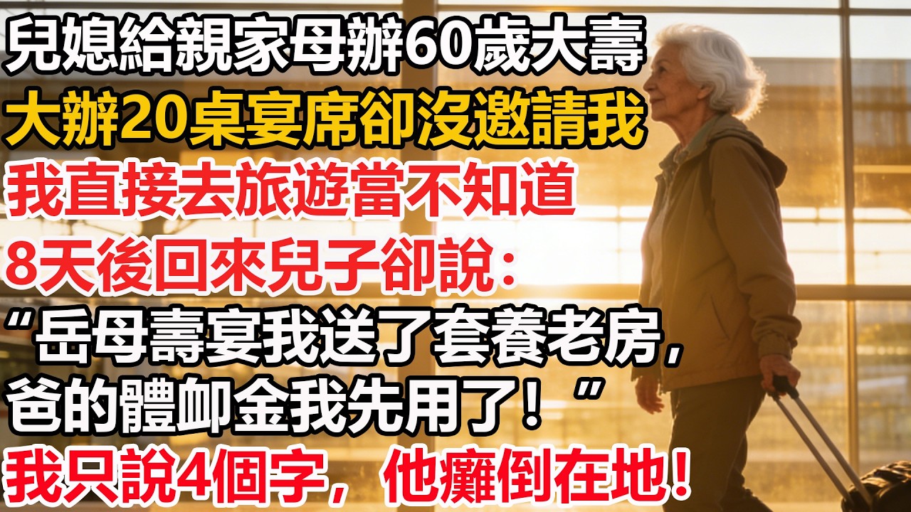 兒媳給親家母辦60歲大壽，大辦20桌宴席卻沒邀請我，我直接去旅遊當不知道，8天後回來兒子卻說：“岳母壽宴我送了套養老房，爸的體卹金我先用了！”我只說4個字，他癱倒在地！