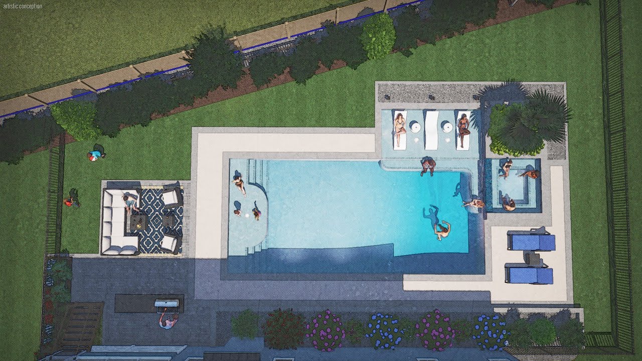 18'x40' Concrete Pool, Raised Spillover Spa, and Tanning Ledge