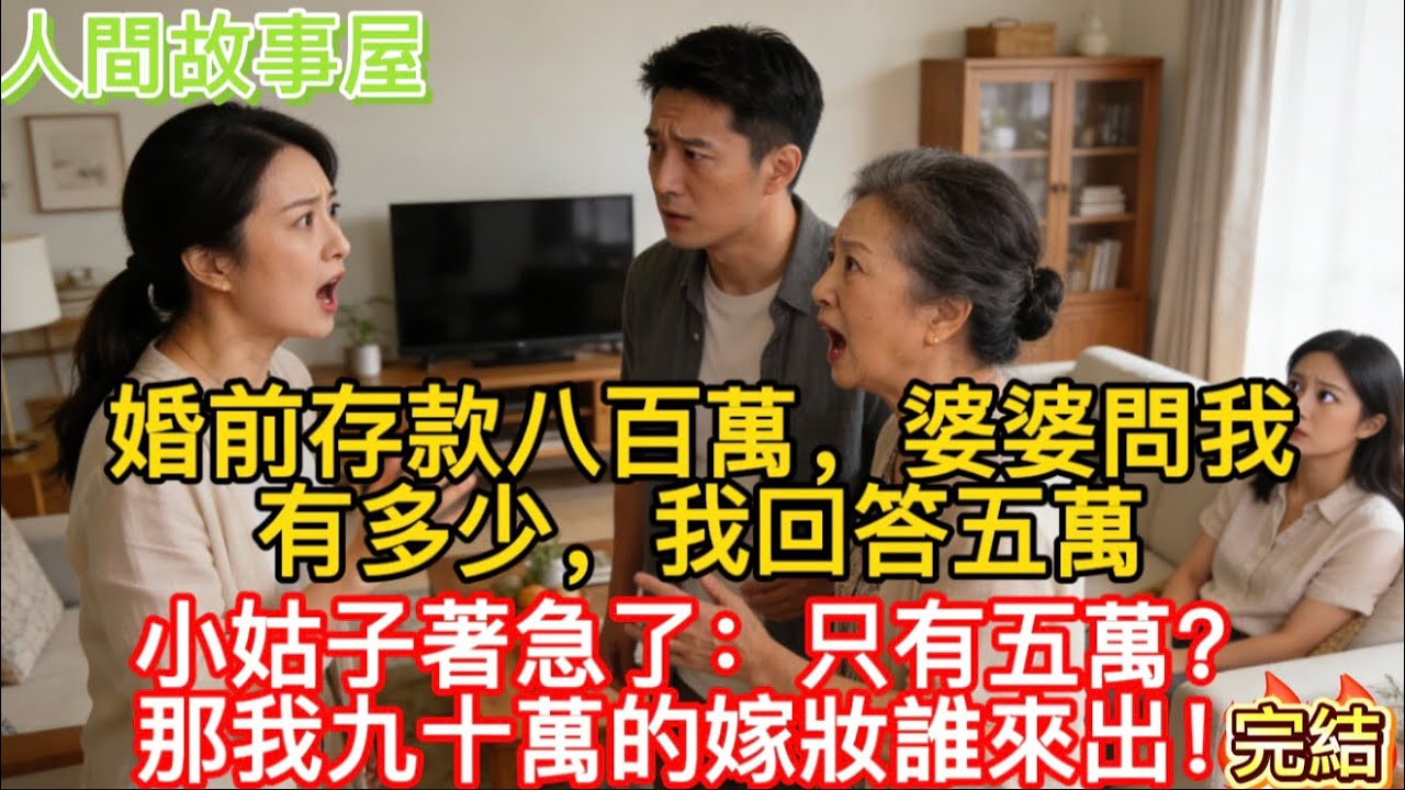 【完結】婚前存款八百萬，婆婆問我有多少，我回答五萬，小姑子著急了：只有五萬？那我九十萬的嫁妝誰來出！