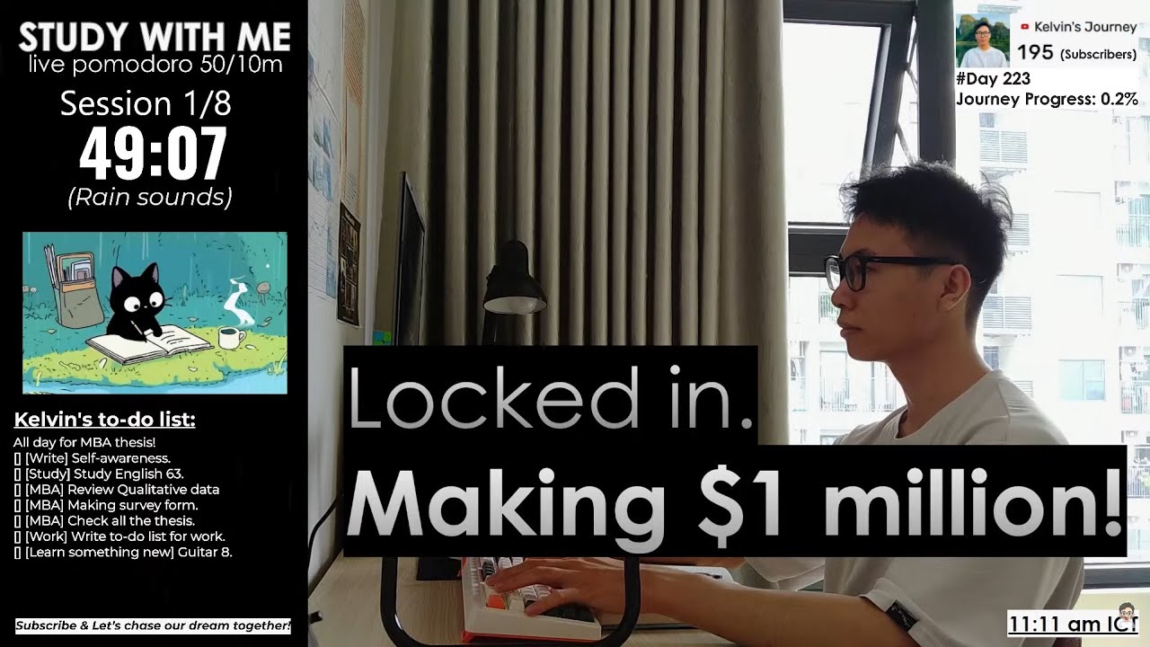 #Day223 Study with me |🍅 8 hours live pomodoro 🌦️ I’m locking in until I make $1M💰