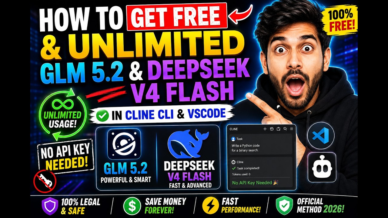 How to Get FREE & UNLIMITED GLM 5.2 & DeepSeek V4 Flash in Cline CLI & VSCode (No API Key Needed)