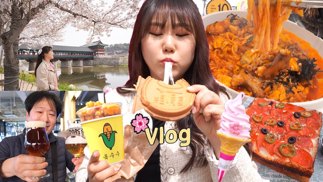 Mukbang Trip в Кёнджу🌸Вкусная уличная еда🍟под красивыми цветами сакуры🌸Korean Mukbang Vlog