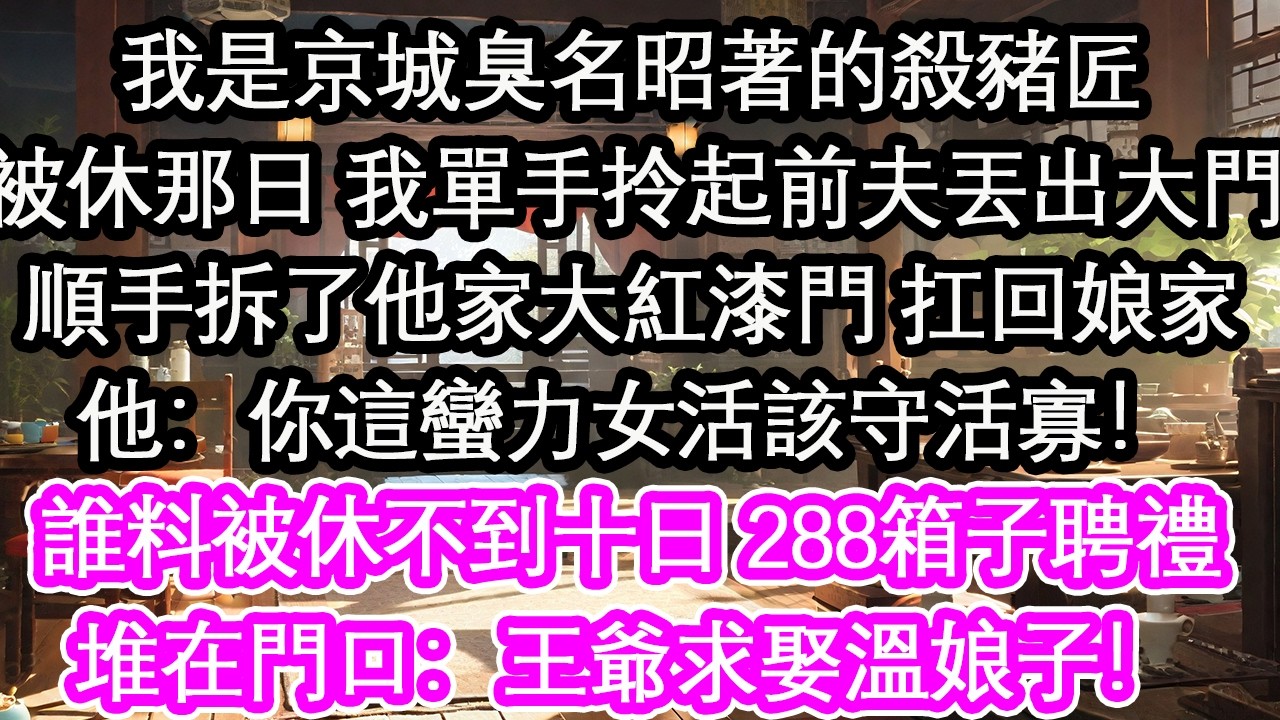我是京城臭名昭著的殺豬匠被休那日 我單手拎起前夫丟出大門順手拆了他家大紅漆門 扛回娘家他：你這蠻力女活該守活寡！誰料，被休不到十日 288箱子聘禮堆在門口：王爺求娶溫娘子！【花開】【愛情】【生活】