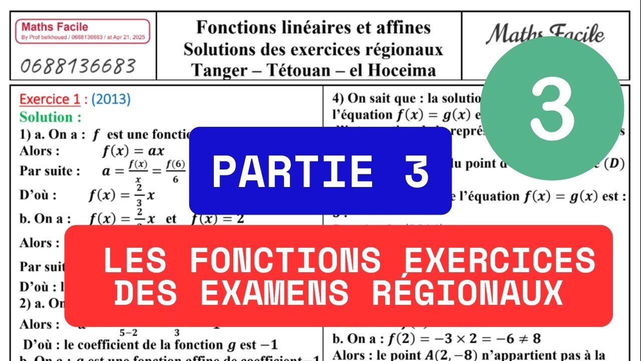 3️⃣ Exercice Les Fonctions des examens Régionaux 3AC Fonction linéaire Affine 3ème Année Collège