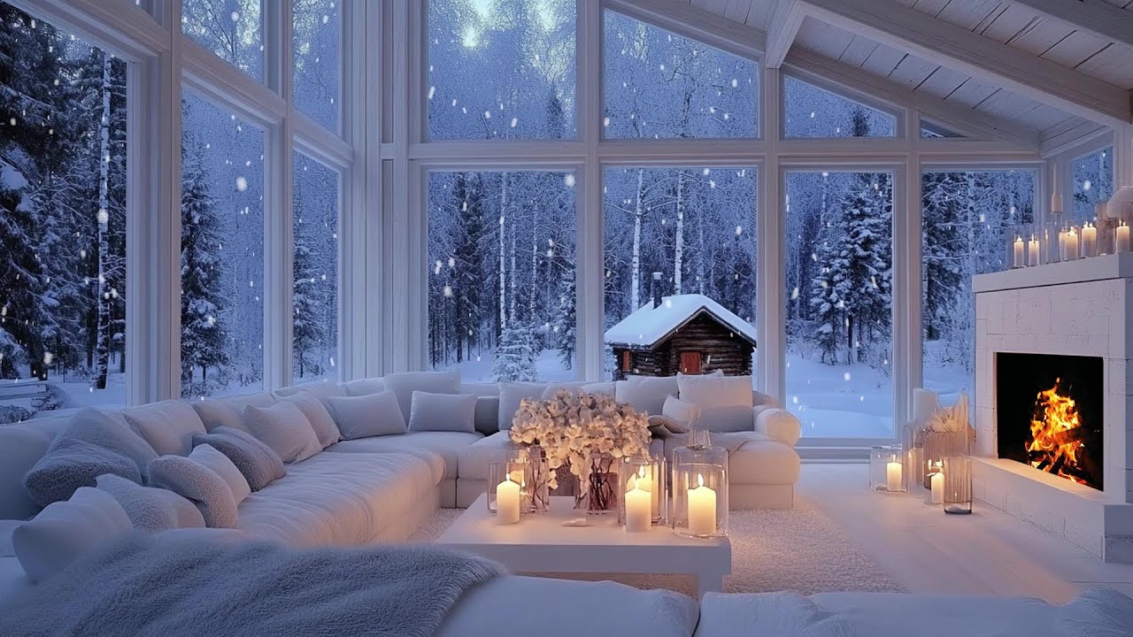 ❄️Candlelit Winter Piano Lounge | Snowfall Night Ambience for 3 Hours | Calm Relax Focus